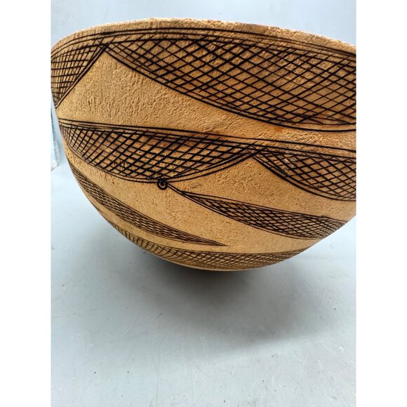 Handcrafted Gourd large Bowl With Intricate Black Geometric Designs 12x10" READ - Picture 2 of 12